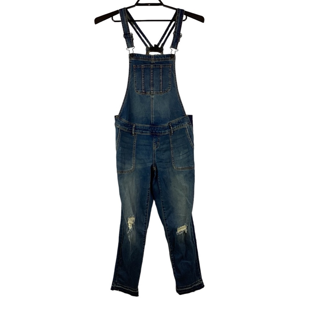 Indigo Blue Denim Side Panel Letdown Raw Hem Distressed Maternity Overalls Sz S